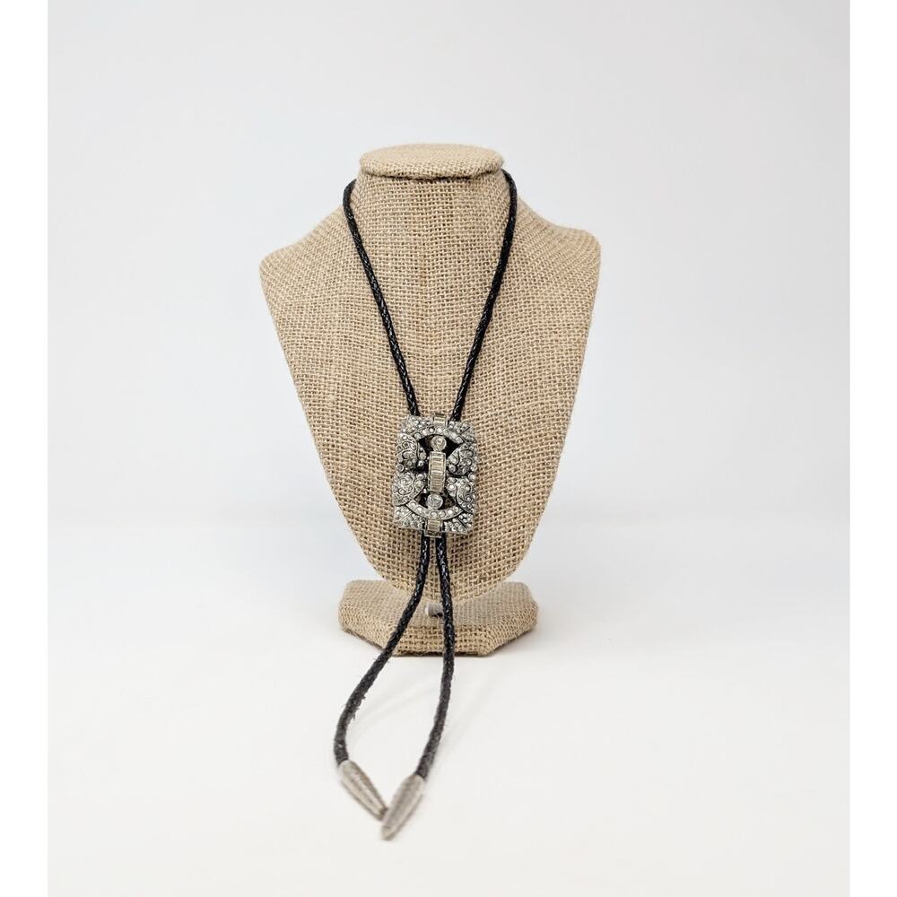 Kirks Folly Necklace Silver Rhinestone Black Cord Bolo Tie Style